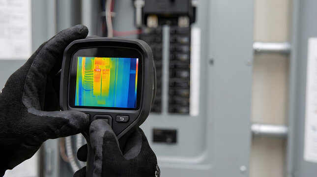 Electrician using a thermal imaging camera to inspect an electrical panel. Close up of hands holding an infrared device showing a heat map of circuit breakers