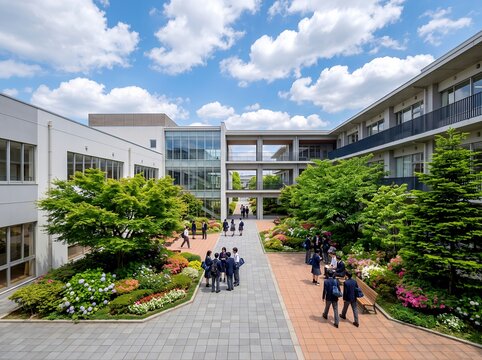 青空広がる学校の中庭で豊かな緑に囲まれ交流する学生たち