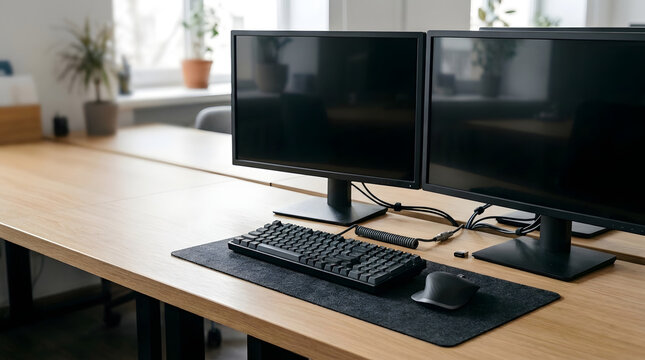 Modern office workspace with dual computer monitors on a wooden desk. Empty desk setup with a black keyboard and mouse. Copy space on blank screens