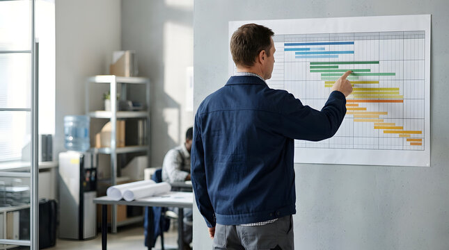 Male project manager pointing at a colorful Gantt chart on an office wall. Professional man tracking project timeline and scheduling tasks