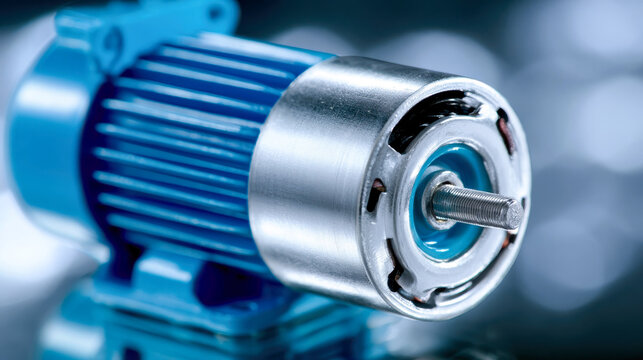 Close-up of a blue industrial electric motor with metal housing and exposed shaft, representing engineering, machinery, automation, and mechanical power