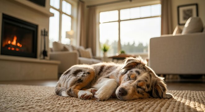 A Peaceful Australian Shepherd Dog Sleeping Quietly On A Woven Rug In A Cozy Living Room Interior