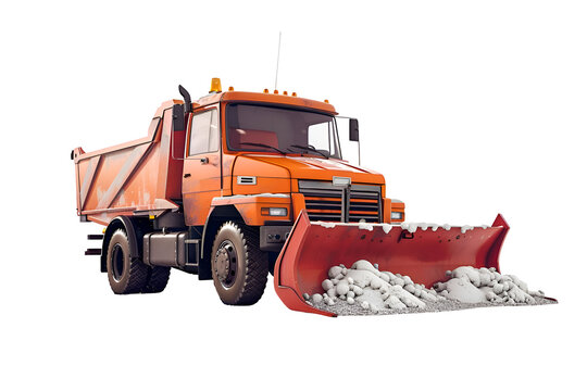 Orange dump truck with snow plow parked on white background