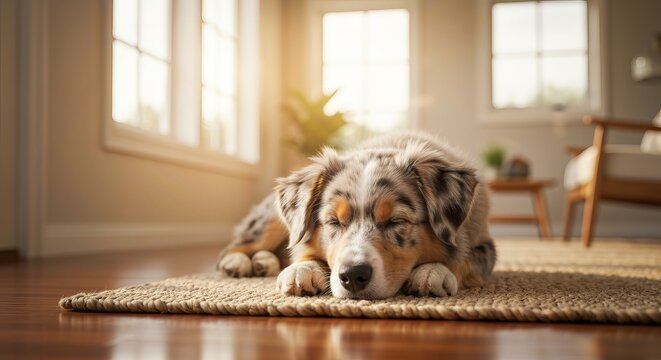 A cute australian shepherd puppy sleeping peacefully on a natural fiber braided rug in sunlit room.