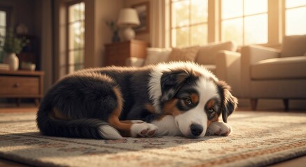 Fototapeta na wymiar Cute Aussie puppy lying comfortably on a home carpet surface feeling very cozy in the sun light