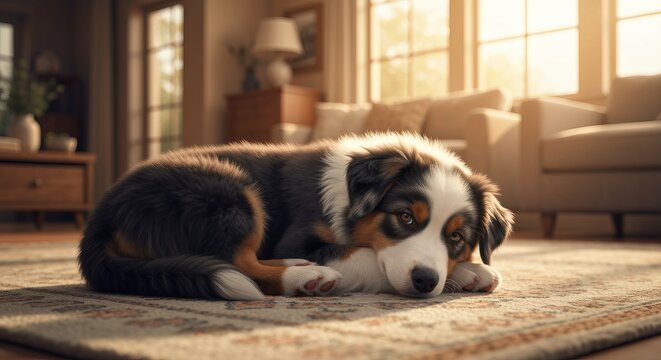 Cute Aussie puppy lying comfortably on a home carpet surface feeling very cozy in the sun light