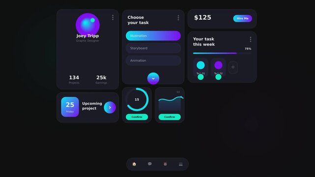 Futuristic dark mode UI dashboard, neon purple and cyan glassmorphism interface, modern task management app layout with data widgets