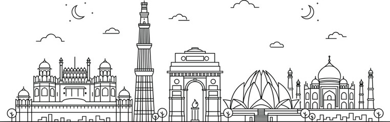 Obraz premium Indian Landmark Skyline Illustration Featuring Taj Mahal Red Fort and Iconic Monuments
