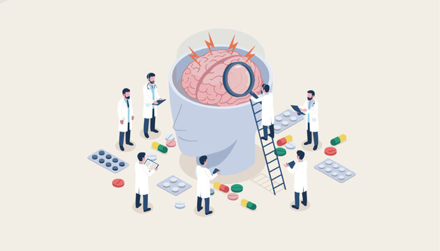 Doctors and medical specialists examining a large human brain model with a magnifying glass to study neurological health.