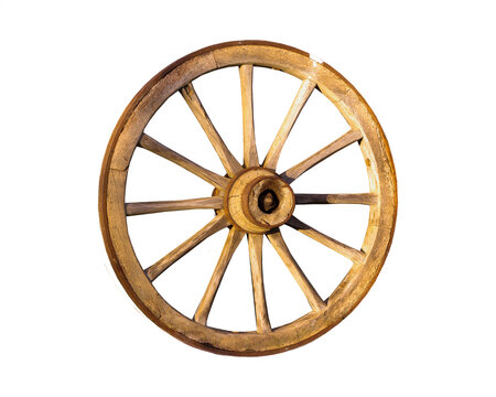 Wooden wagon wheel against a black background a rustic and aged circular object with visible spokes spoked cart carriage old