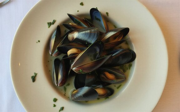 Zoom sur des moules marini&egrave;res dans une assiette sur une table avec une nappe blanche 