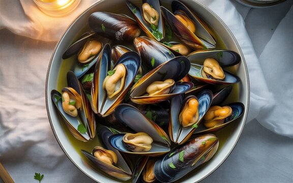 Zoom sur des moules marini&egrave;res dans une assiette sur une table avec une nappe blanche 