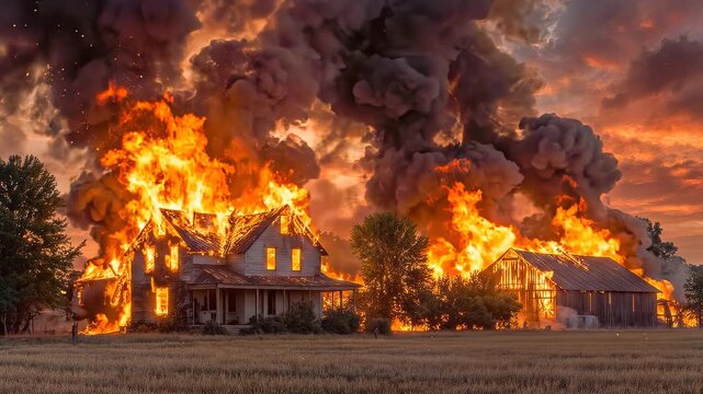 Farmhouse and barn engulfed in massive fire at sunset. Rural property destruction with thick black smoke rising into orange sky. Panning and tilting camera movement.