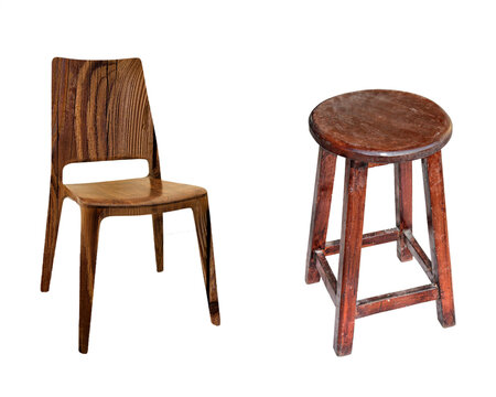 Wooden chair and stool against a black background showcasing natural grain and simple furniture design seat sitting wood timber material