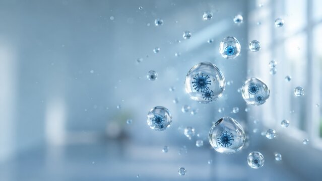 Virus droplets in sterile room with blue light