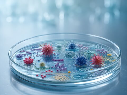 Petri dish with colorful microbes in laboratory
