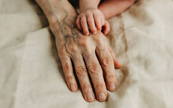 A close up of a tiny newborn baby hand resting gently on an elderly wrinkled hand