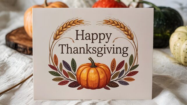 Happy thanksgiving greeting card with a pumpkin, wheat stalks, and colorful autumn leaves, festive seasonal design for holiday invitations and social media