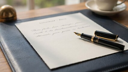 A fountain pen resting on a blank sheet of paper on a leather desk pad with coffee © Joyanto