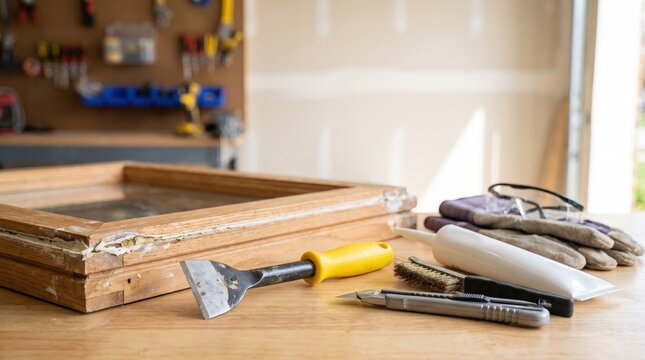 Window screen repair tools arranged on a home workshop table, DIY mesh replacement, seasonal maintenance, practical home improvement.