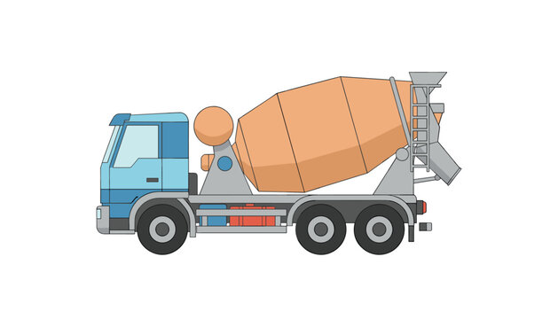 Cement mixer truck featuring blue cab and orange rotating drum for construction work presented on plain white background.