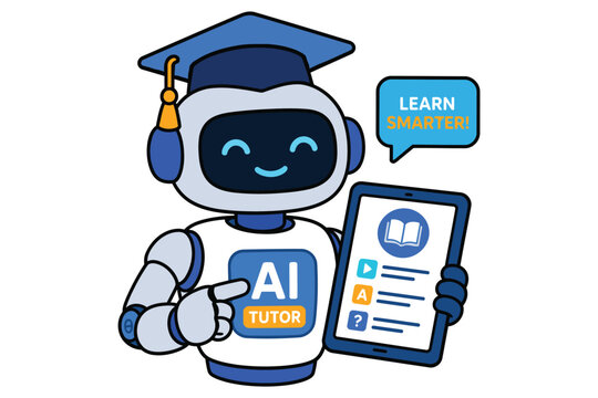 Ai tutor robot teaching with graduation cap and tablet