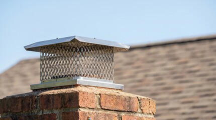 Obraz premium Leaves collected around a chimney cap on a residential roof, autumn roof maintenance, fire safety, seasonal exterior cleaning.