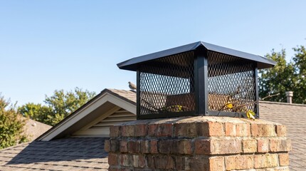 Obraz premium Leaves collected around a chimney cap on a residential roof, autumn roof maintenance, fire safety, seasonal exterior cleaning.