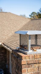 Obraz premium Leaves collected around a chimney cap on a residential roof, autumn roof maintenance, fire safety, seasonal exterior cleaning.