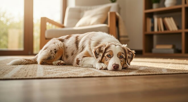 A Beautiful Australian Shepherd Dog Relaxing on a Woven Rug in a Cozy Sunlit Room Interior