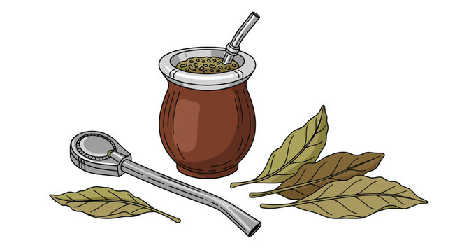 Traditional south american yerba mate tea set with gourd, metal straw called bombilla, and dried mate leaves.