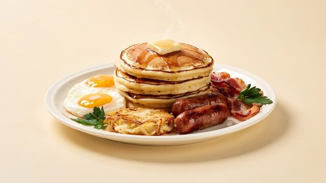 A hearty breakfast plate featuring a stack of pancakes with butter fried eggs and crispy sausages
