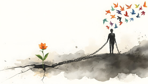 watercolor illustration of a tiny flower growing through cracked concrete beside a silhouette breaking chains with flying birds