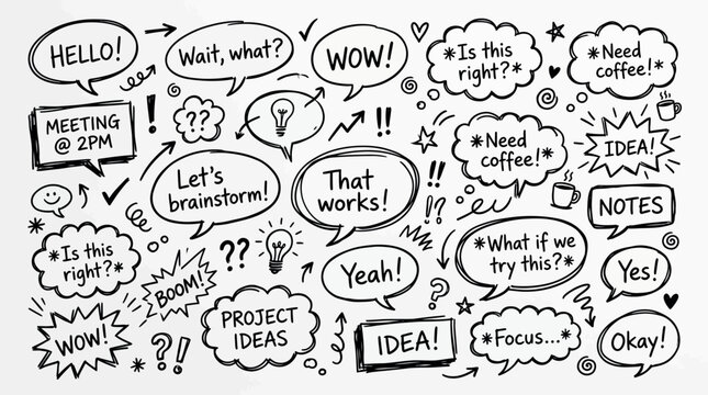 Collection of hand drawn speech bubbles and thought clouds with various text and doodle elements