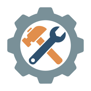 Stylized gear icon with crossed hammer and wrench symbolizing professional repair and technical maintenance services Industrial service concept
