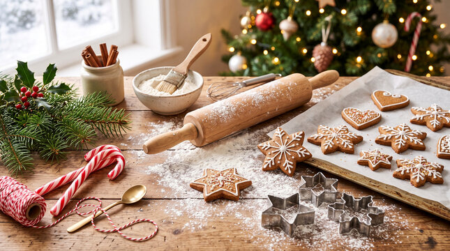 Decorated gingerbread cookies on a wooden table with baking tools and Christmas tree background