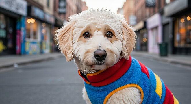 Cute Happy Doodletype Puppy Wearing A Colorful Fleece Jacket Sitting On A City Urban Street View.