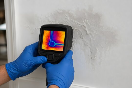 Professional Plumber Performing Water Leak Detection Using Thermal Infrared Camera Identifying Hidden Moisture Damage Inside Interior White Drywall Wall Inspection Commercial Stock Photo