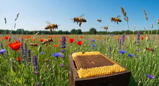 Lush Wildflower Field with Busy Bees Flying Over Open Wooden Framed Organic Honeycomb Apiary Tray