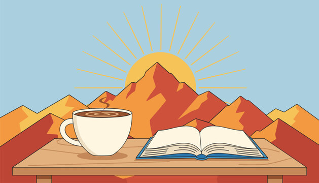Open book and hot coffee cup on a wooden table with a dramatic mountain view.