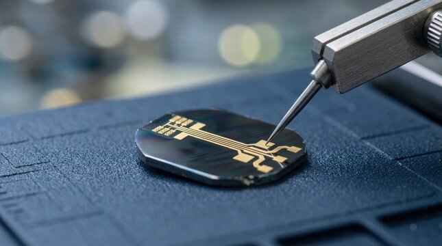 Sub THz semiconductor circuit with silicon wafer fragment, gold waveguide traces, antenna array, and probe tip on antistatic mat