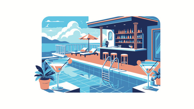 Tropical resort pool bar with lounge chairs and cocktails, overlooking the ocean on a sunny day.