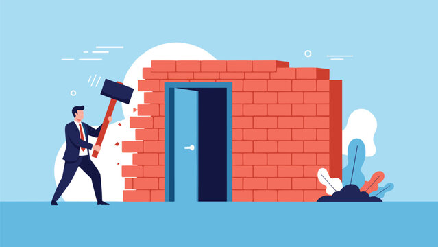 Determined businessman in a suit uses a sledgehammer to break down a brick wall and find a hidden door to new opportunities.