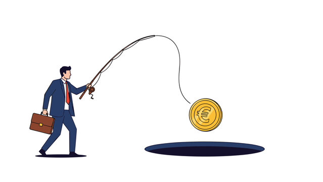 Businessman in a suit uses a fishing rod to catch a golden euro coin that is hovering over a deep dark circular hole.