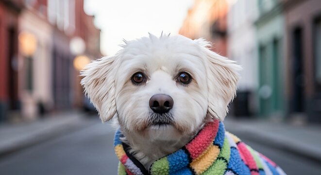 A Portrait of a Small Fluffy Dog Wearing a Colorful Winter Sweater Sitting on a Quiet City Street.
