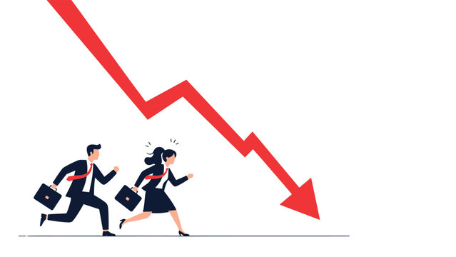 Business people running away from red downward falling arrow graph representing financial crisis, stock market crash, and economic recession.
