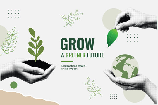 Halftone Collage with Hand Holding Plant Sprout and Earth Globe. Grow a Greener Future Typography. Environmental Sustainability Concept in Retro Pop Art Style