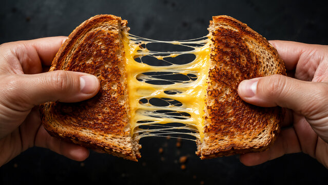 Two hands pulling apart a golden, crispy grilled cheese sandwich with long, stretchy, melted cheese strings bridging the gap against a dark background.
