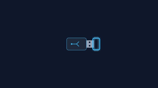 Usb flash drive motion animation showing glowing blue light connection interface on a dark blue background