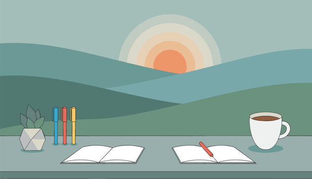 Peaceful workspace with two open notebooks and a cup of coffee overlooking a scenic mountain sunset.